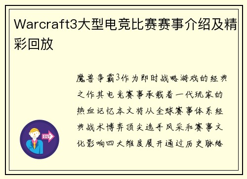 Warcraft3大型电竞比赛赛事介绍及精彩回放