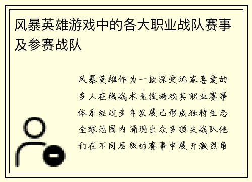 风暴英雄游戏中的各大职业战队赛事及参赛战队