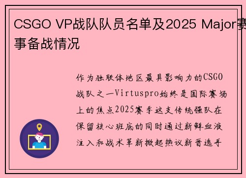 CSGO VP战队队员名单及2025 Major赛事备战情况