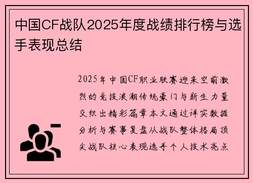 中国CF战队2025年度战绩排行榜与选手表现总结